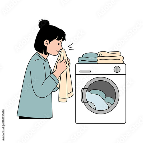 Young Woman Smelling Fresh Clean Laundry Near Washing Machine