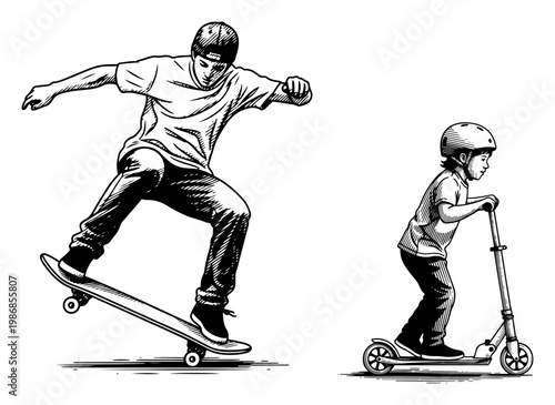 Skateboarder performing jump trick and child riding kick scooter in vintage hand drawn engraving style