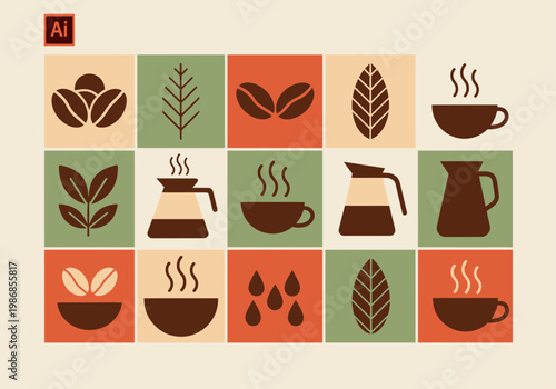 Minimalist Coffee and Tea Icon Set - Flat Vector Illustration of Coffee Beans, Steaming Cups, and Carafes in Earthy Tones