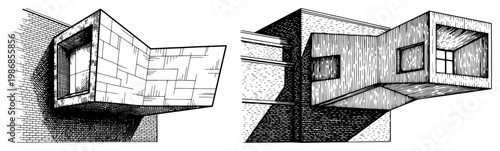 Photos Modern architectural building with cantilevered window structures in hand drawn