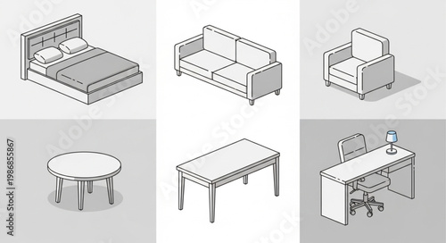 Collection of Isometric Furniture Drawings for Interior Design.