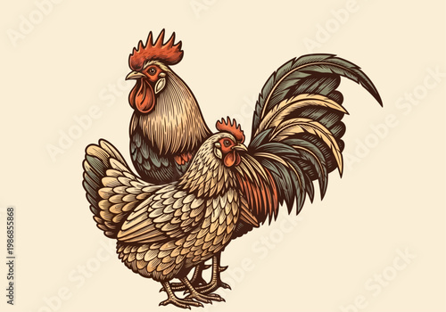 Vintage Woodcut Illustration of a Rooster and Hen Pair - Rustic Farm Animal Art for Organic Food Packaging and Country Home Decor