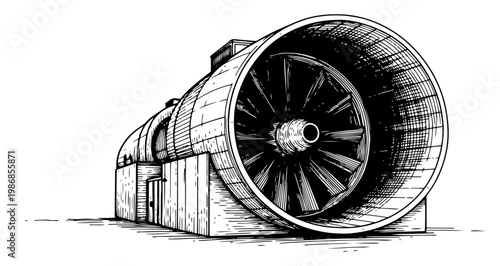 Industrial wind tunnel with large turbine fan blades in hand drawn engraving style