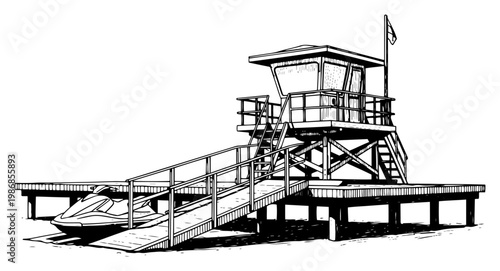 Beach lifeguard tower on wooden pier with personal watercraft in hand drawn engraving style