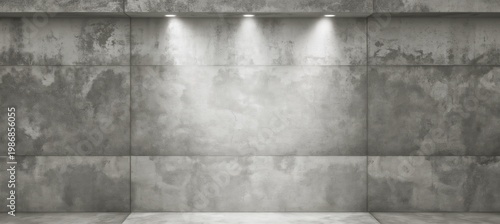 A textured gray concrete wall illuminated by three overhead spotlights, creating a modern industrial ambiance.