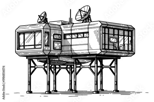 Modular research station on stilts with satellite dishes in futuristic engraving style