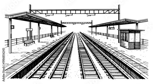 Railway station platform and tracks in perspective view hand drawn engraving style