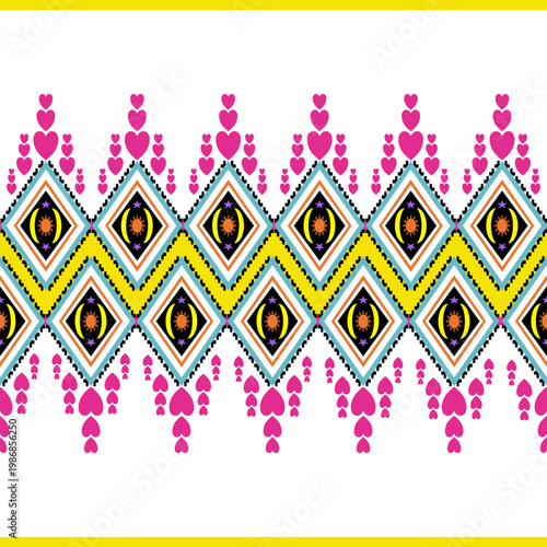 Vibrant boho seamless pattern with pink hearts and geometric diamond shapes on white background.