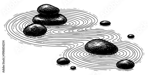 Zen garden stones and raked sand ripples in vintage engraving style