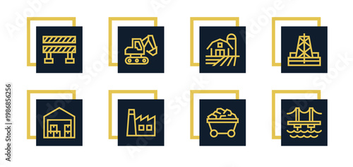 Machinery, worker, engineer, safety helmet, truck, cargo, shipping, logistics, excavator, oil pump, storage, ship Icons Pack for Website, Apps and UI Interfaces