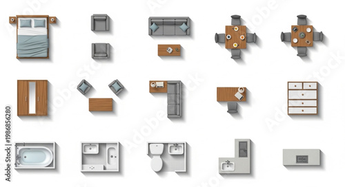 Collection of top down furniture and home decor icons.