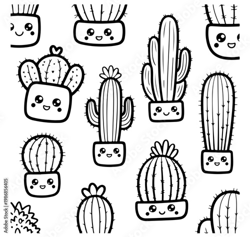 Seamless pattern with cute kawaii emoji cacti vector cartoon illustration
