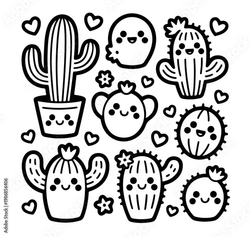 Seamless pattern with cute kawaii emoji cacti vector cartoon illustration