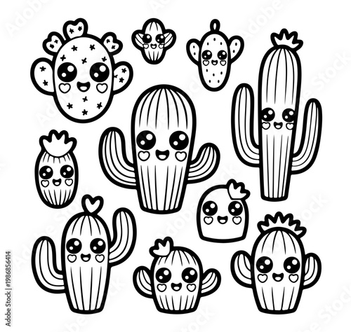 Seamless pattern with cute kawaii emoji cacti vector cartoon illustration