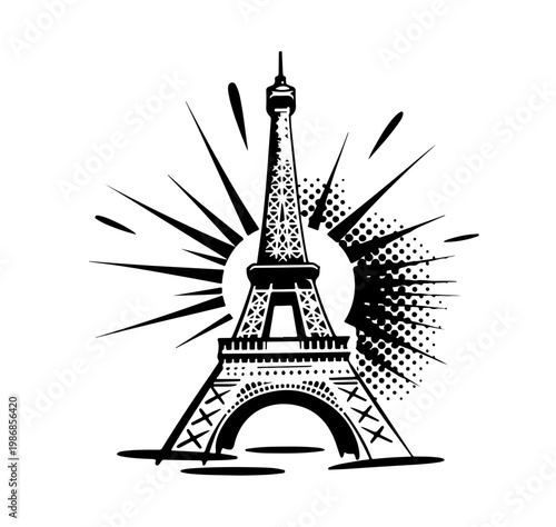 Eiffel tower on white background. line art, outline illustration.