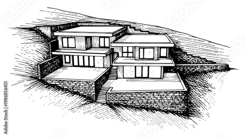 Modern hillside house architecture with multiple levels in hand drawn engraving style