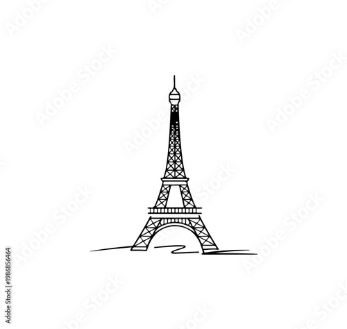 Eiffel tower on white background. line art, outline illustration.