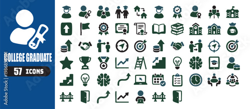 Set of fifty seven college graduate icons for education and career development
