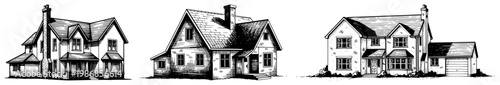 Fotografie Traditional family houses and suburban homes in classic hand drawn engraving sty