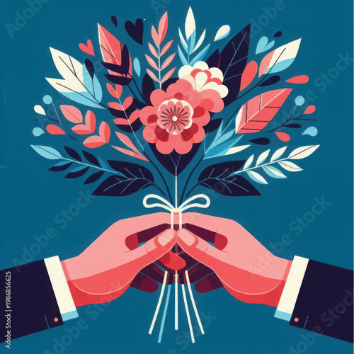 Stylized Hands Gifting a Vibrant Floral Bouquet Illustration. Retro Textured Vector for Celebration, Romance, and Appreciation.