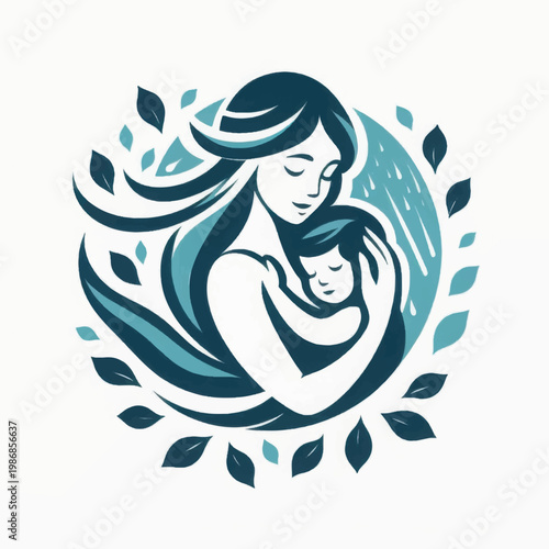 Stylized Mother and Baby Logo. Nurturing Embrace, Love, and Nature Circle Illustration for Wellness and Maternity Branding.