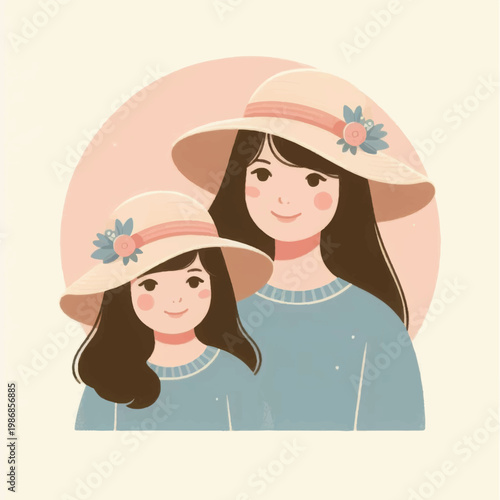 Happy Mother and Daughter Portrait Illustration in Matching Pastel Summer Sun Hats