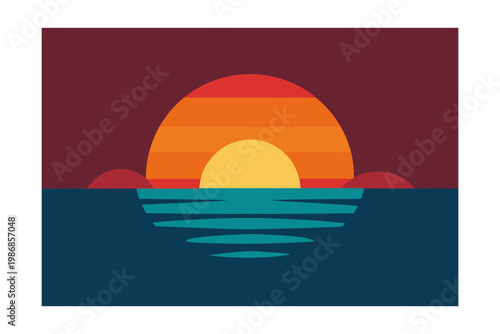 Retro sunset vector illustration with sun reflection on teal ocean water and dark burgundy sky