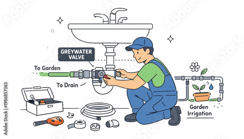 A plumber installing a greywater valve for garden irrigation system