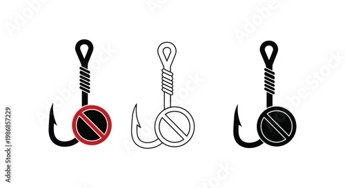 Fishing hook icon set with forbidden signs in red and black