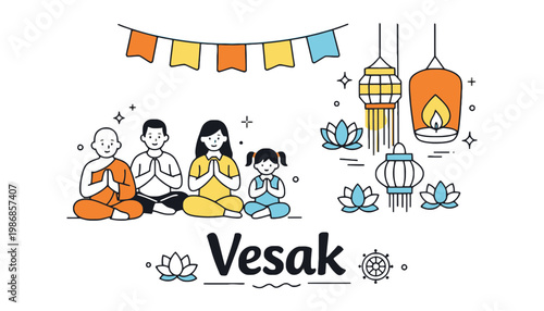 Vesak illustration with people meditating and colorful lanterns