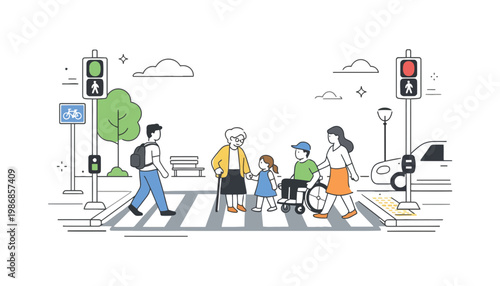 Crosswalk vector illustration of diverse people walking together safely