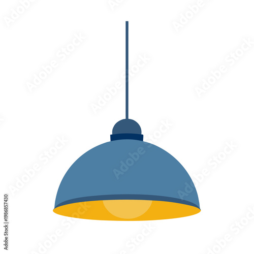 Blue industrial pendant lamp with yellow light bulb hanging from dark cord, flat design