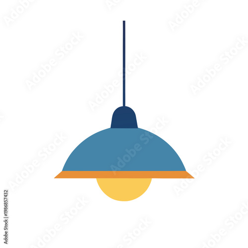 Retro industrial hanging lamp with blue shade and yellow light isolated on transparent background