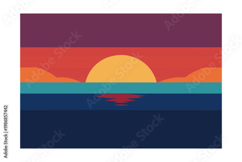 Minimalist sunset over ocean horizon with colorful sky reflection vector illustration