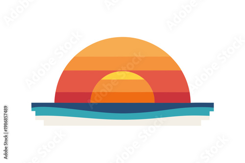 Minimalist sunset over ocean waves flat design vector illustration