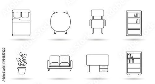 Collection of simple line art furniture and home decor items.