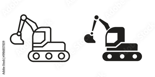 Excavator icon design. Editable outlined stroke and solid symbols