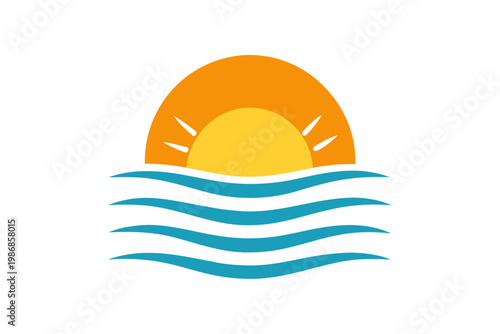 Sunset over ocean waves simple flat design icon bright orange sun setting over blue water