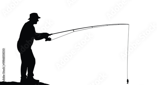 Man Fishing with Rod Silhouette Outdoor Hobby Relaxation Nature Activity Angler Catching Fish Concept
