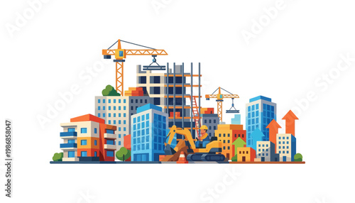 A vibrant cityscape illustration with buildings and construction equipment in progress