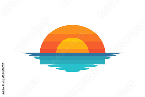 Sunset over ocean waves simple flat design icon bright orange sun setting over blue water