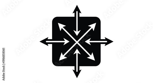 A black square with arrows radiating outwards representing expansion and direction presented as a silhouette high quality professional detailed modern elegant