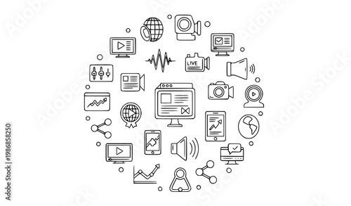 Modern circular media icons with video streaming news audio and digital marketing symbols line art vector set