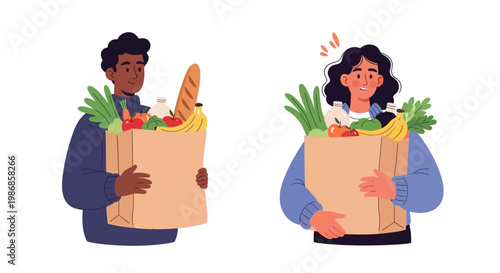 Happy Shoppers with Fresh Groceries