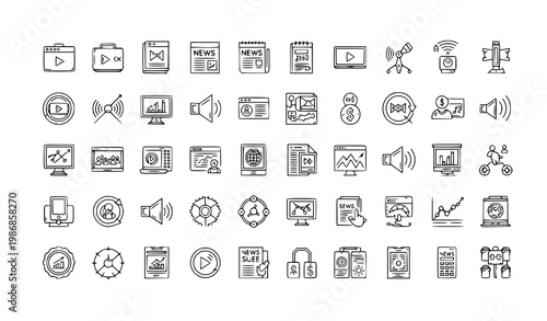 Geometric media outline icon collection with video audio news and marketing symbols editable stroke vector illustration