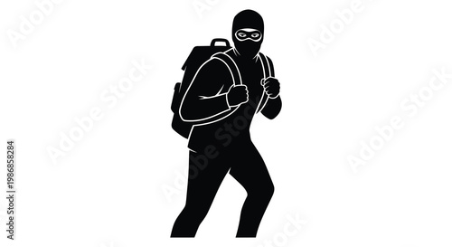 A masked figure with a backpack walks forward creating a stark and dramatic visual silhouette high quality professional detailed modern elegant
