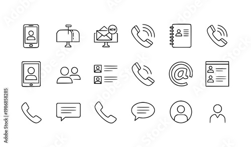 Outline contact icons set with mobile phone mailbox email telephone and address book vector collection