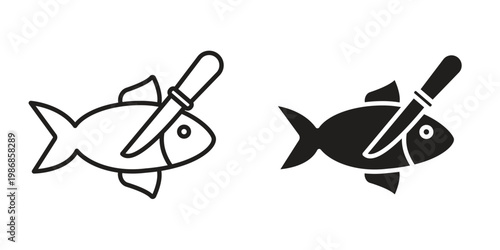 Fish and a knife icon design. Editable outlined stroke and solid symbols