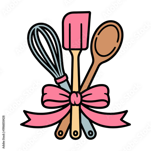 Kitchen Utensils with Bow Whisk Spatula and Spoon Cute Cooking Illustration