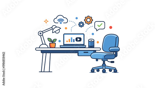 A laptop computer icon illustration on a modern office desk setup
